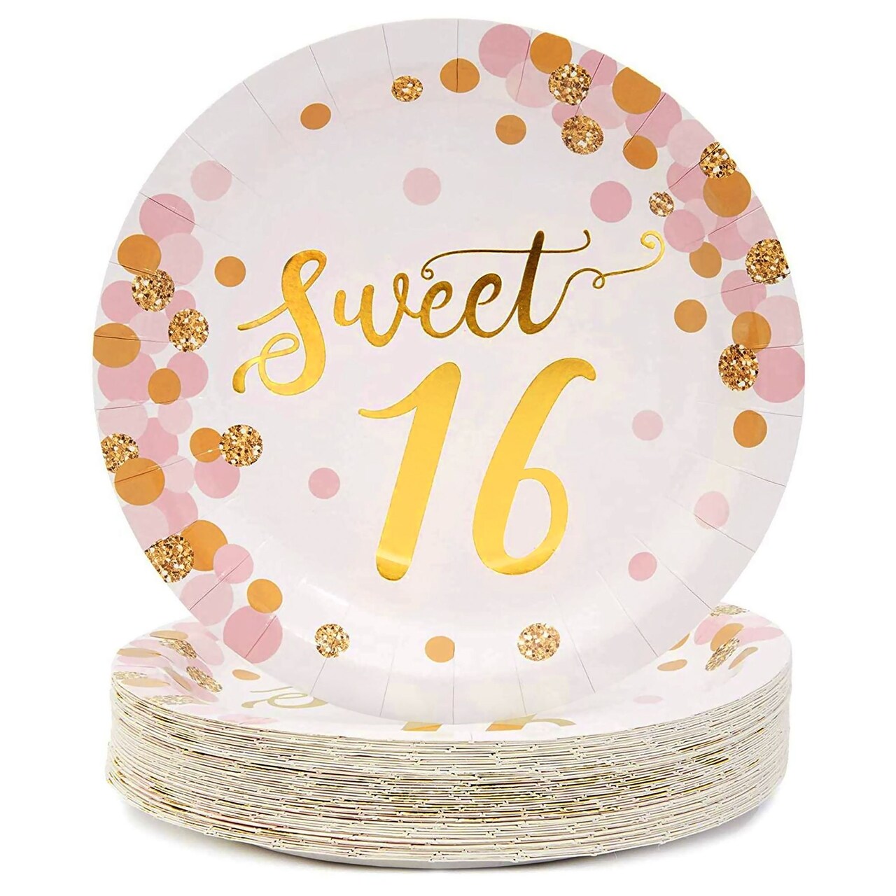 48-Pack Rose Gold and Pink Sweet 16 Birthday Plates for 16th Birthday Party (9 in)